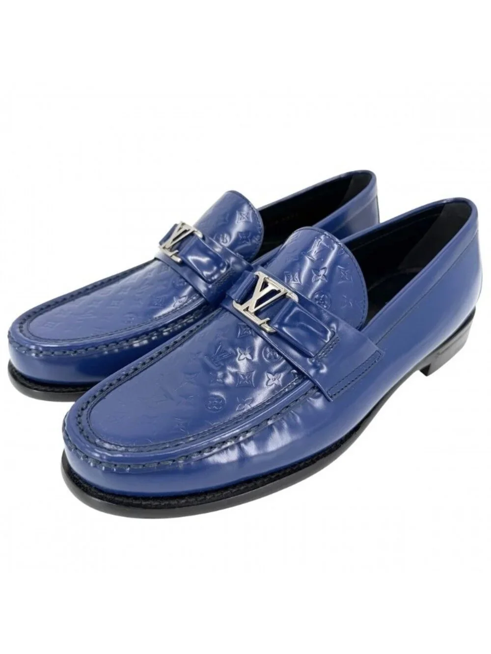 Louis Vuitton Loafers Monogram Major Shoes 7.5 Leather Blue Silver Vintage